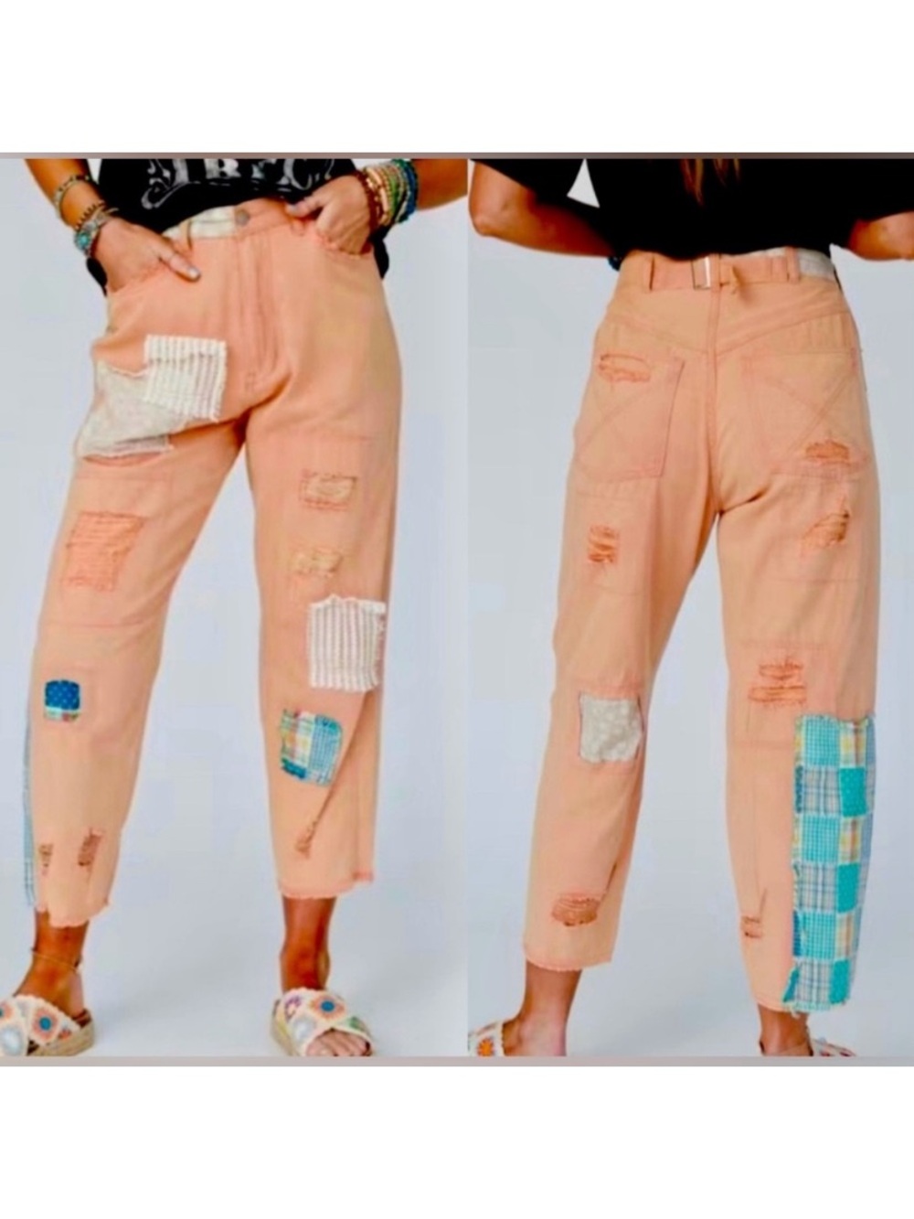 Pol Patchwork Ankle Pants Sz medium crop oversized offshore boho shabby chic